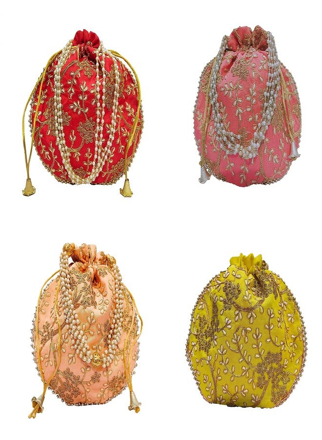 athizay مجموعة حقائب بوتلي من أثيزاي (4 قطع) (أحمر، خوخي فاتح، أصفر، وردي) للنساء، حقائب يد هندية تقليدية مع رباط وتطريز عرقي - Image 1